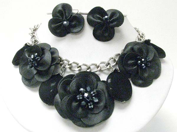 Fabric flower and mesh wrapped stone dangle necklace earring set