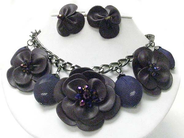 Fabric flower and mesh wrapped stone dangle necklace earring set