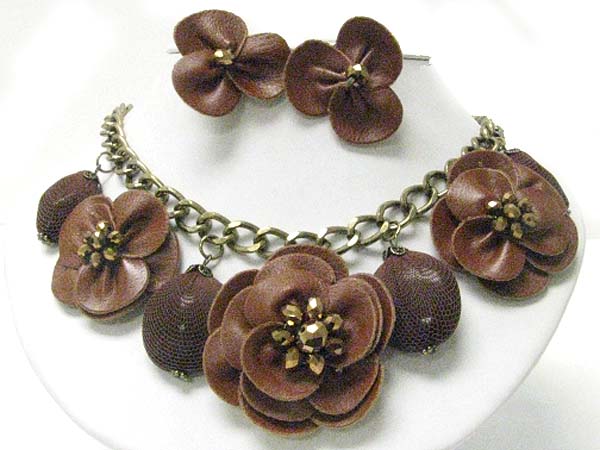 Fabric flower and mesh wrapped stone dangle necklace earring set