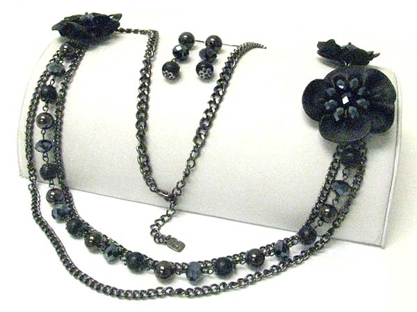 Fabric flower and mixed beads long necklace earring set