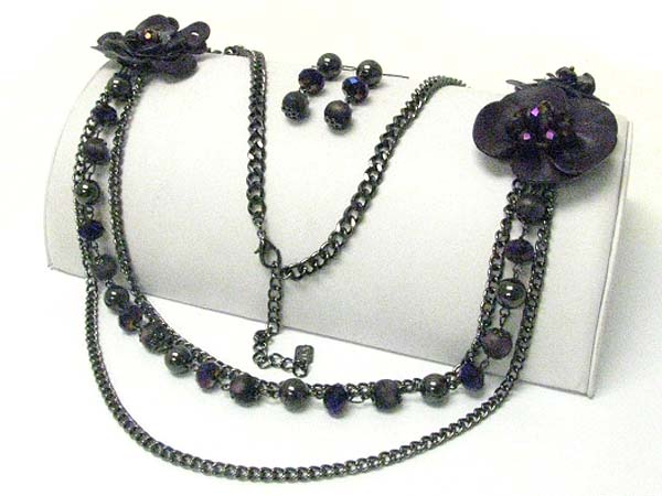 Fabric flower and mixed beads long necklace earring set