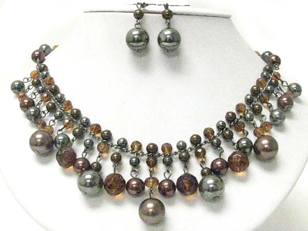 Multi pearl beads dangle and glass beads necklace earring set