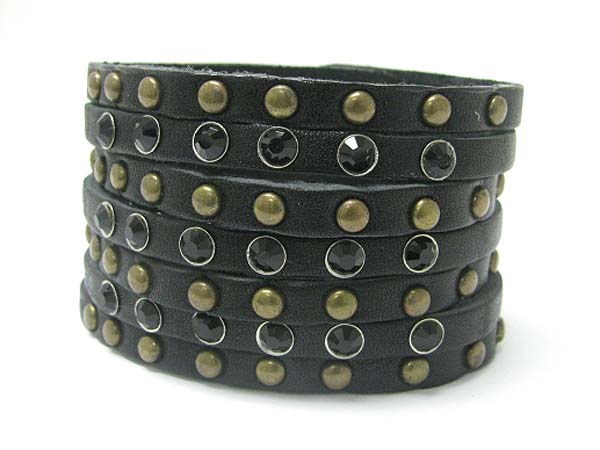 Crystal and metal sud multi row leather band wrist band