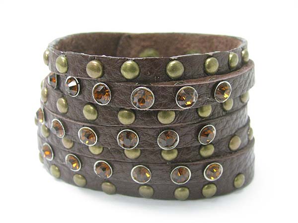 Crystal and metal sud multi row leather band wrist band