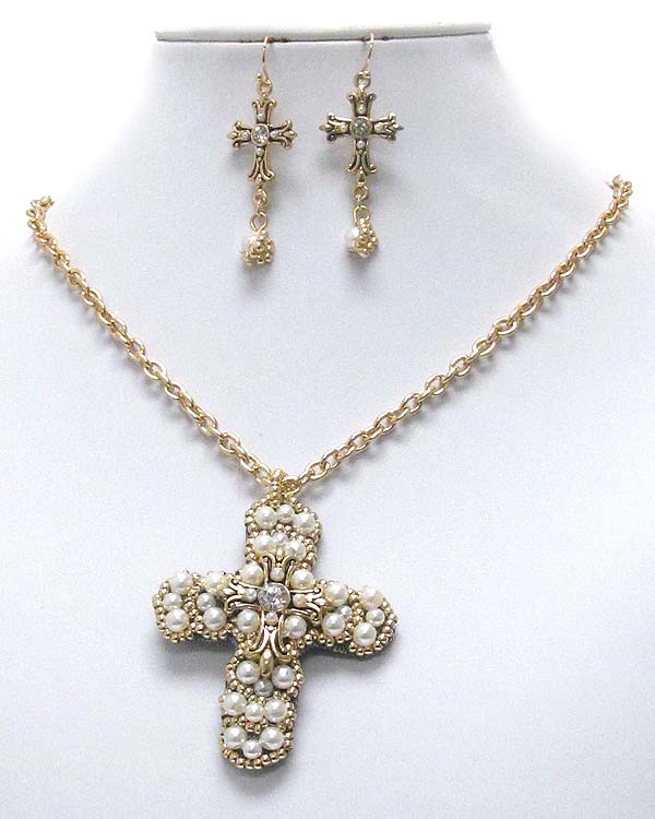 Handmade crystal center and pearl deco cross on leatherette back pendant necklace earring set