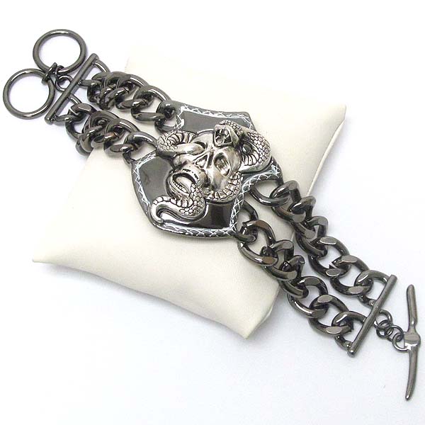 Skull and snake deco double chain bikers bracelet
