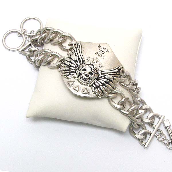 Skull and wing deco born to ride  bikers bracelet