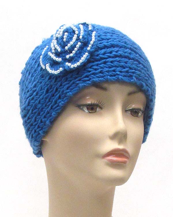 Flower knit head warmer band - button clasp back