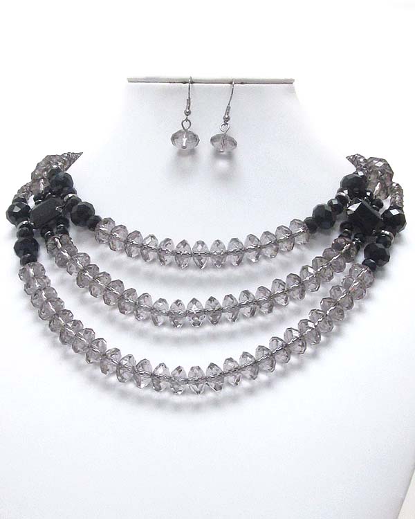 Multi facet stone bead 3 layer necklace earring set