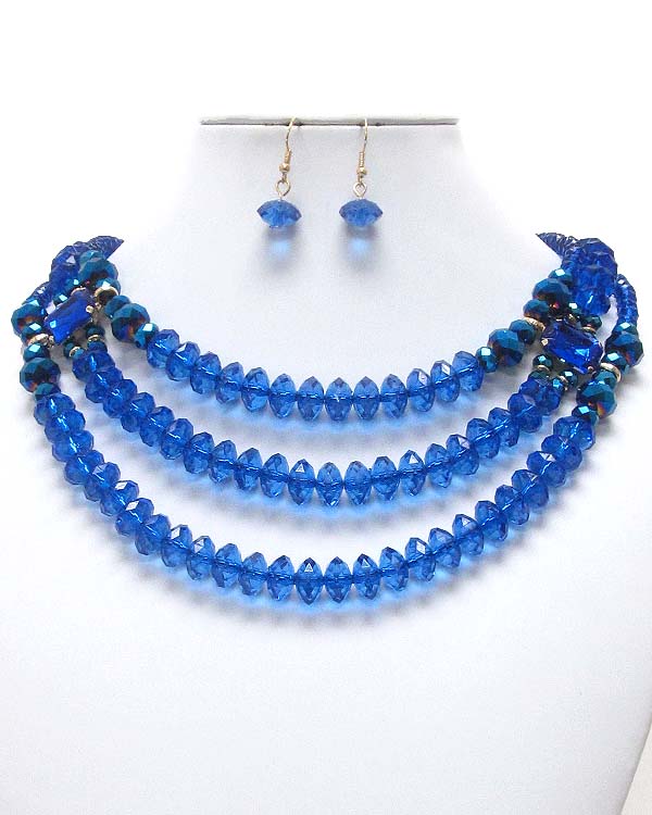 Multi facet stone bead 3 layer necklace earring set