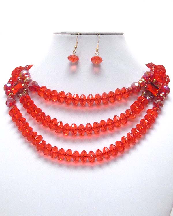Multi facet stone bead 3 layer necklace earring set