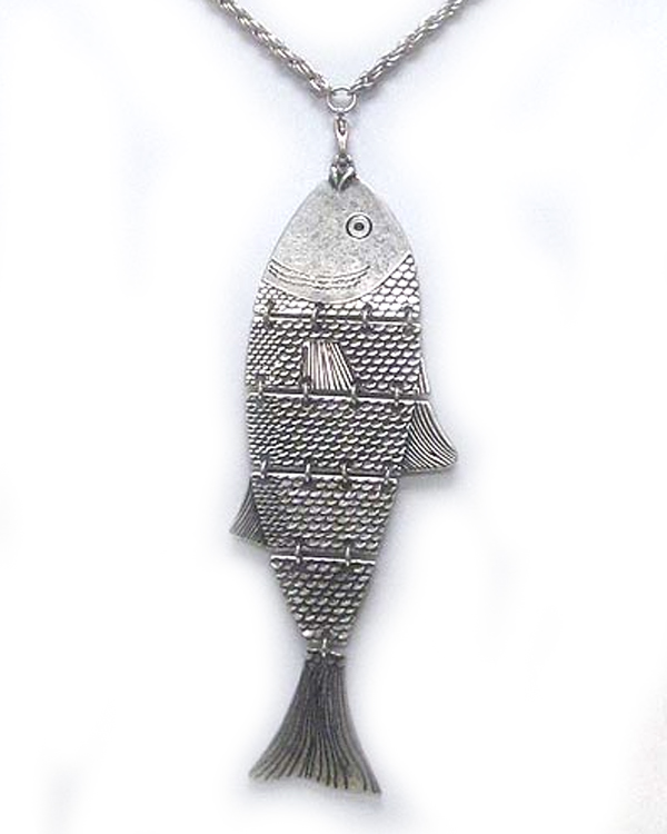 Vintage large fish pendant long necklace