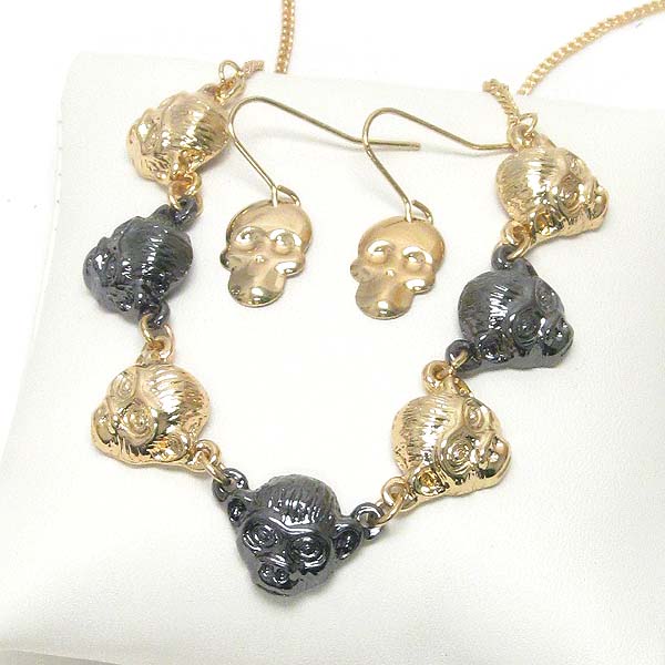 Multi monkey head link and skull necklace earring set