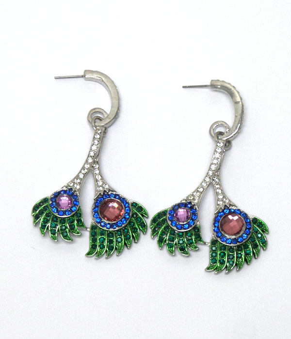 Peacock feathers with crystals drop earrings
