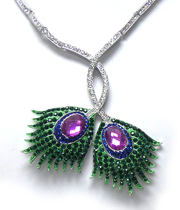 Metal links with crystals and peacock feather drop necklace