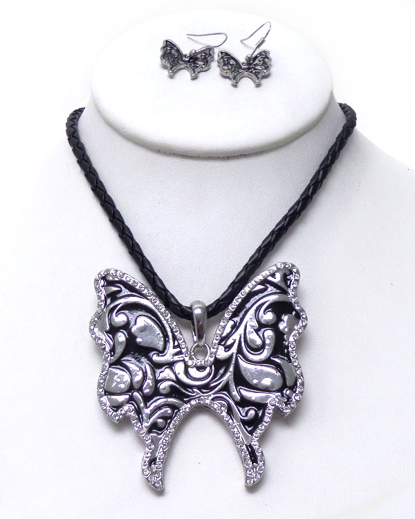 Braided leather chain with butterfly  necklace