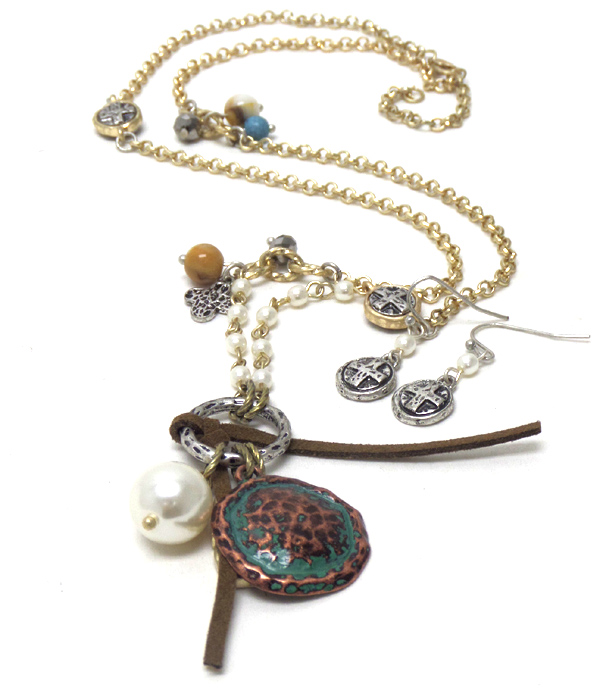 Worn gold charm  pearl necklace set