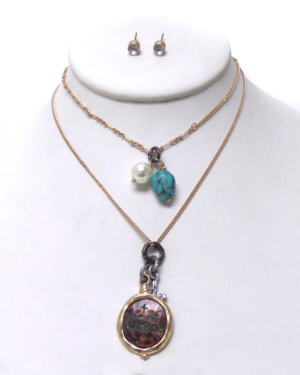 Two layer turquoise stone necklace set