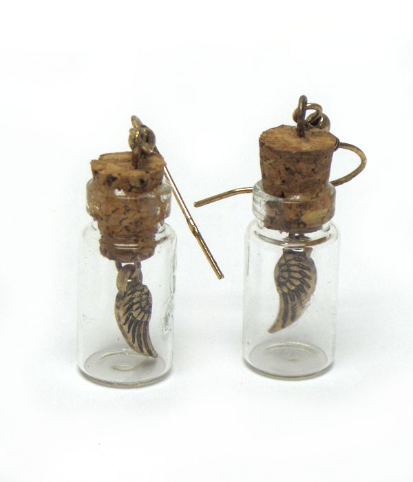 Wing inside glass bottle earrings