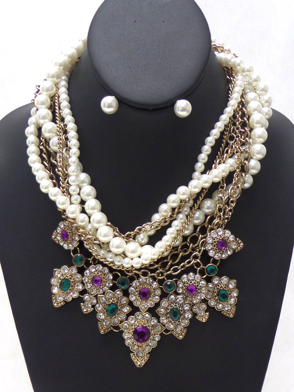 Layer pearl and chain floral necklace set 