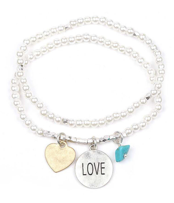 Handmade religious inspiration double pearl stretch bracelet - love