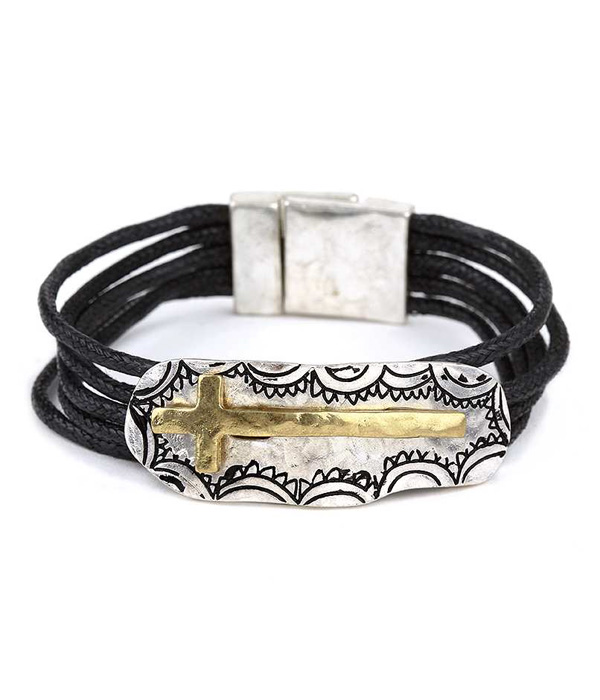 HANDMADE RELIGIOUS INSPIRATION  CROSS AND WAX CORD MAGNETIC BRACELET