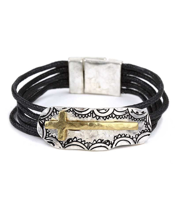 Handmade religious inspiration  cross and wax cord magnetic bracelet