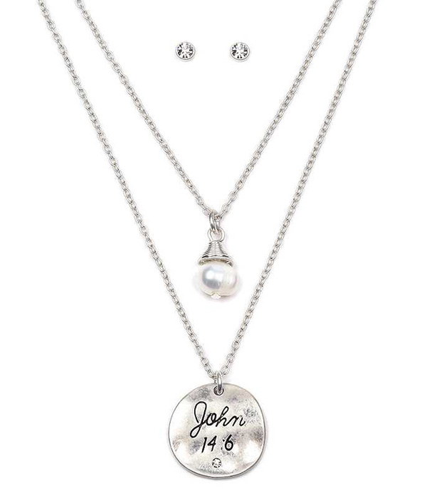 Handmade religious inspiration disk and pearl double layer necklace set - john 14:6