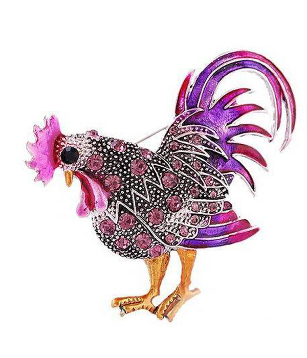 Crystal and epoxy rooster pin or brooch