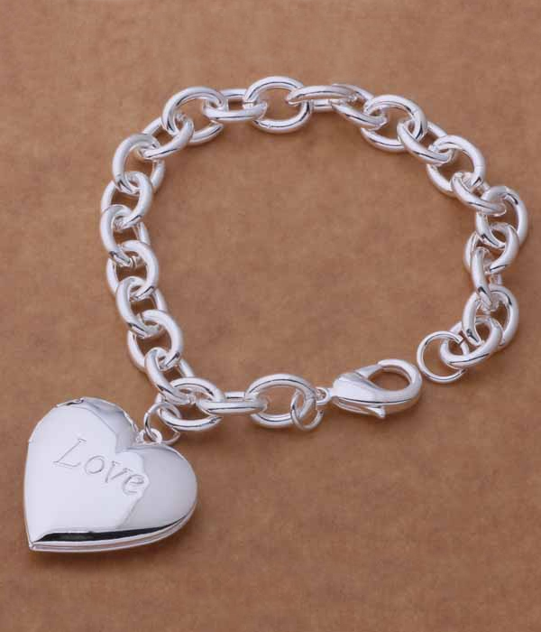 925 sterling silver plating puffy heart locket chain bracelet