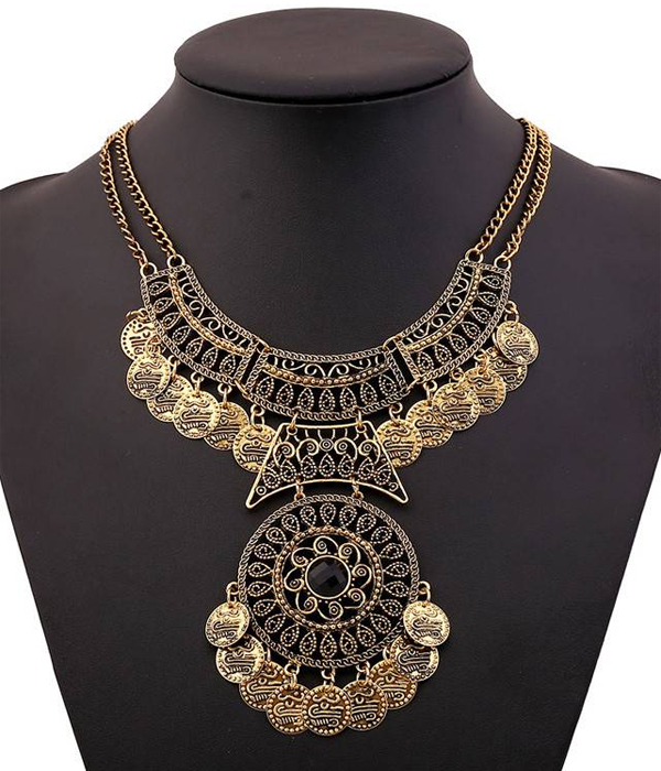 Baroque style metal filigree double chain necklace
