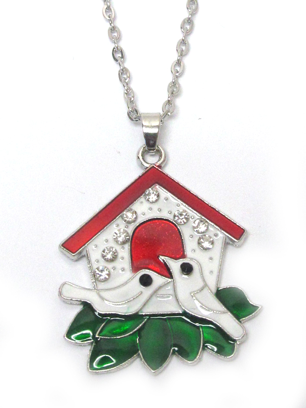 Holiday christmas bird house  necklace
