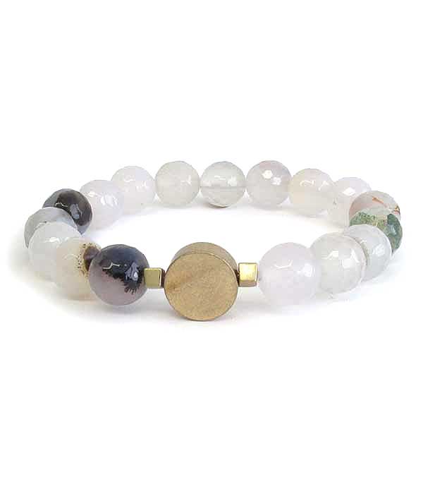 Metal disc and semi precious stone stretch bracelet