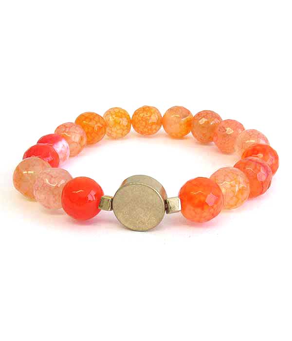 Metal disc and semi precious stone stretch bracelet