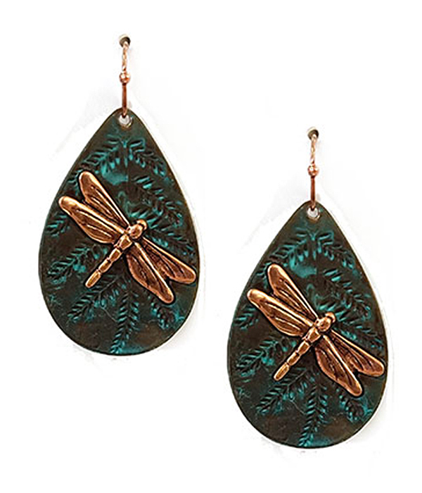 Vintage metal dragonfly teardrop earring