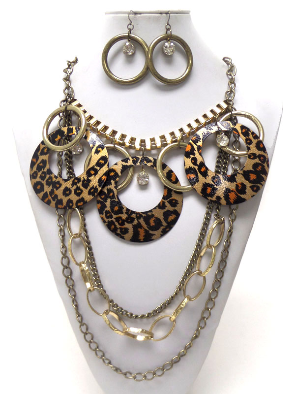 Round metal cut out disks animal print drop crystal multi chain with oval hammered metal fashion tub chain necklace earring set