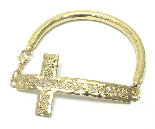 Metal filligree curved cross and hollow metal tube bracelet