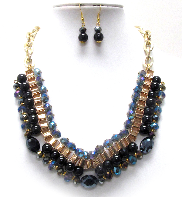 MULTI CRYSTAL GLASS AND PEARL WITH TUBE CHAIN NECKLACE EARRING SET