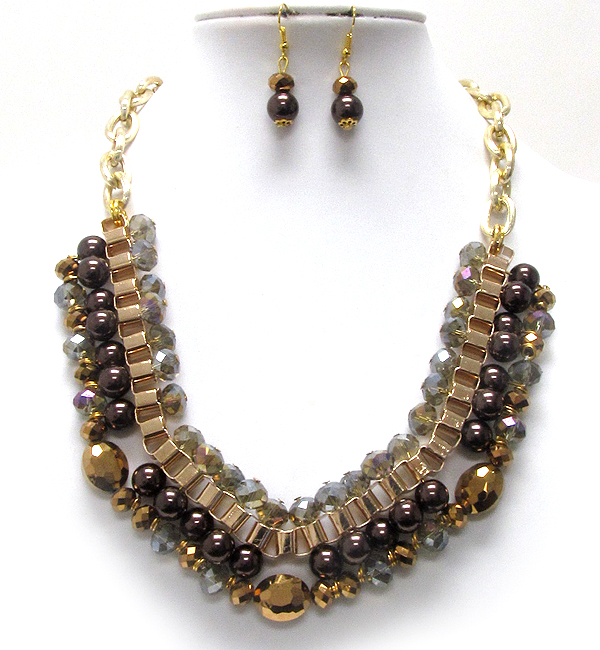 MULTI CRYSTAL GLASS AND PEARL WITH TUBE CHAIN NECKLACE EARRING SET