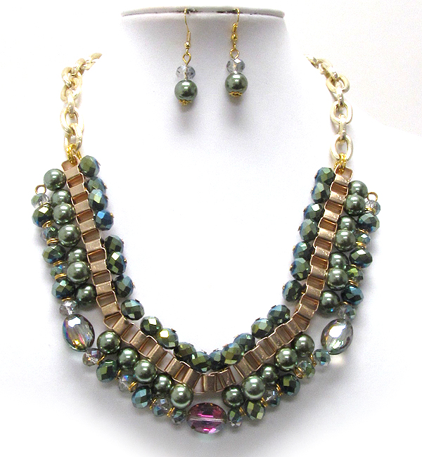 MULTI CRYSTAL GLASS AND PEARL WITH TUBE CHAIN NECKLACE EARRING SET