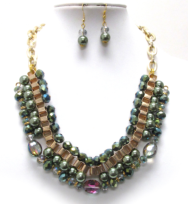 Multi crystal glass and pearl with tube chain necklace earring set