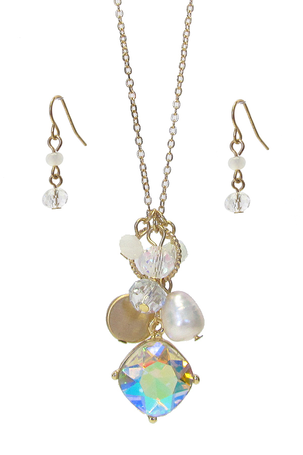 FACET GLASS AND FRESH WATER PEARL CHARM PENDANT NECKLACE SET