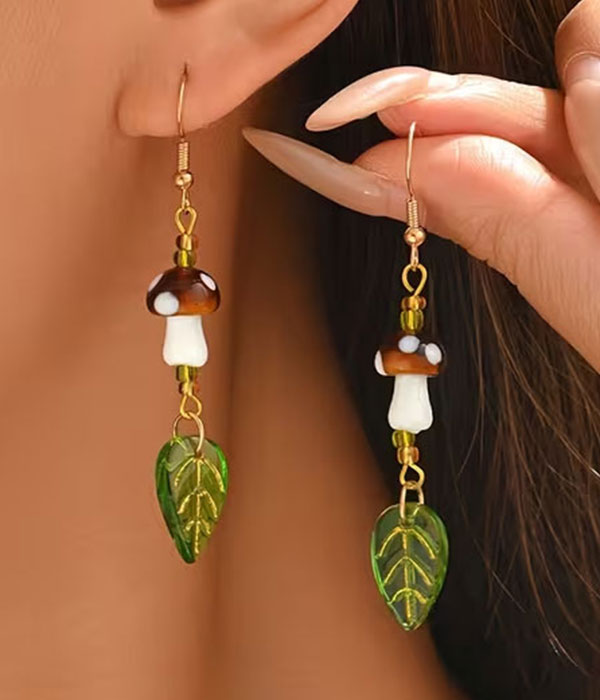 Glass mushroom and leaf drop earring