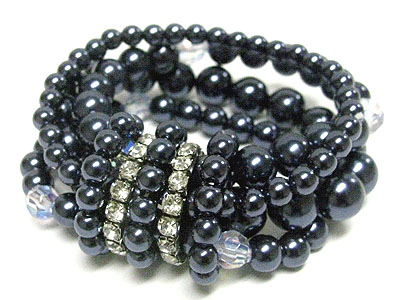 CRYSTAL AND MULTI ROW PEARL BEADS STRETCH BRACELET