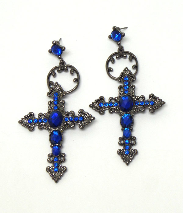 Crystal and metal filigree cross earring