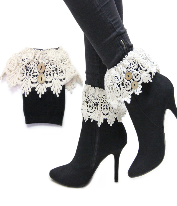 Lace and crochet button accent boot topper short leg warmers - boot cuffs
