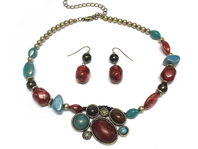 Multi shape patina stone deco necklace and earring set 