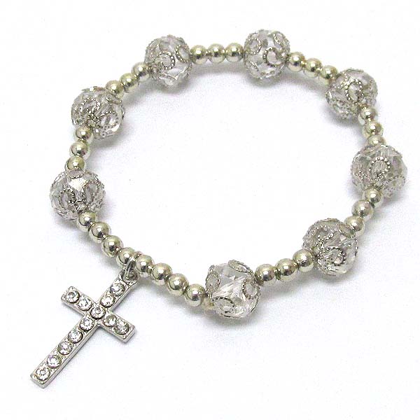 Crystal cross charm and facet stone link stretch bracelet