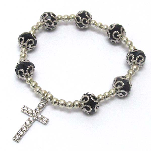 Crystal cross charm and facet stone link stretch bracelet