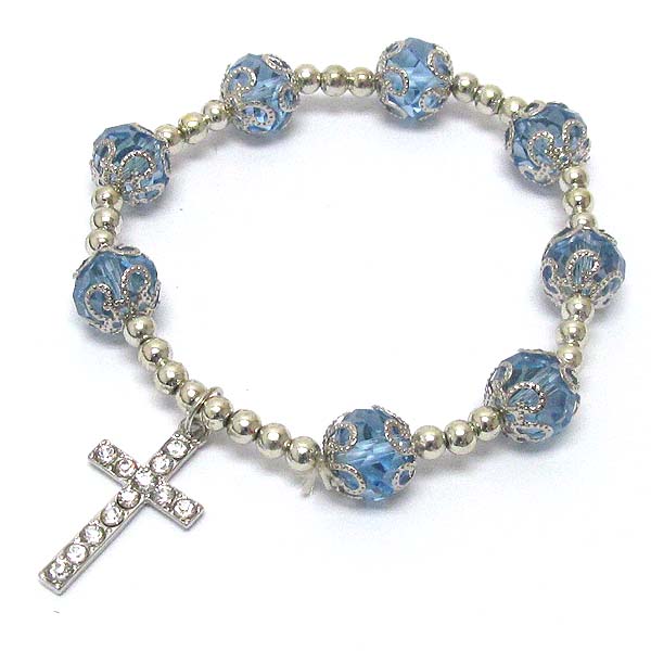 Crystal cross charm and facet stone link stretch bracelet